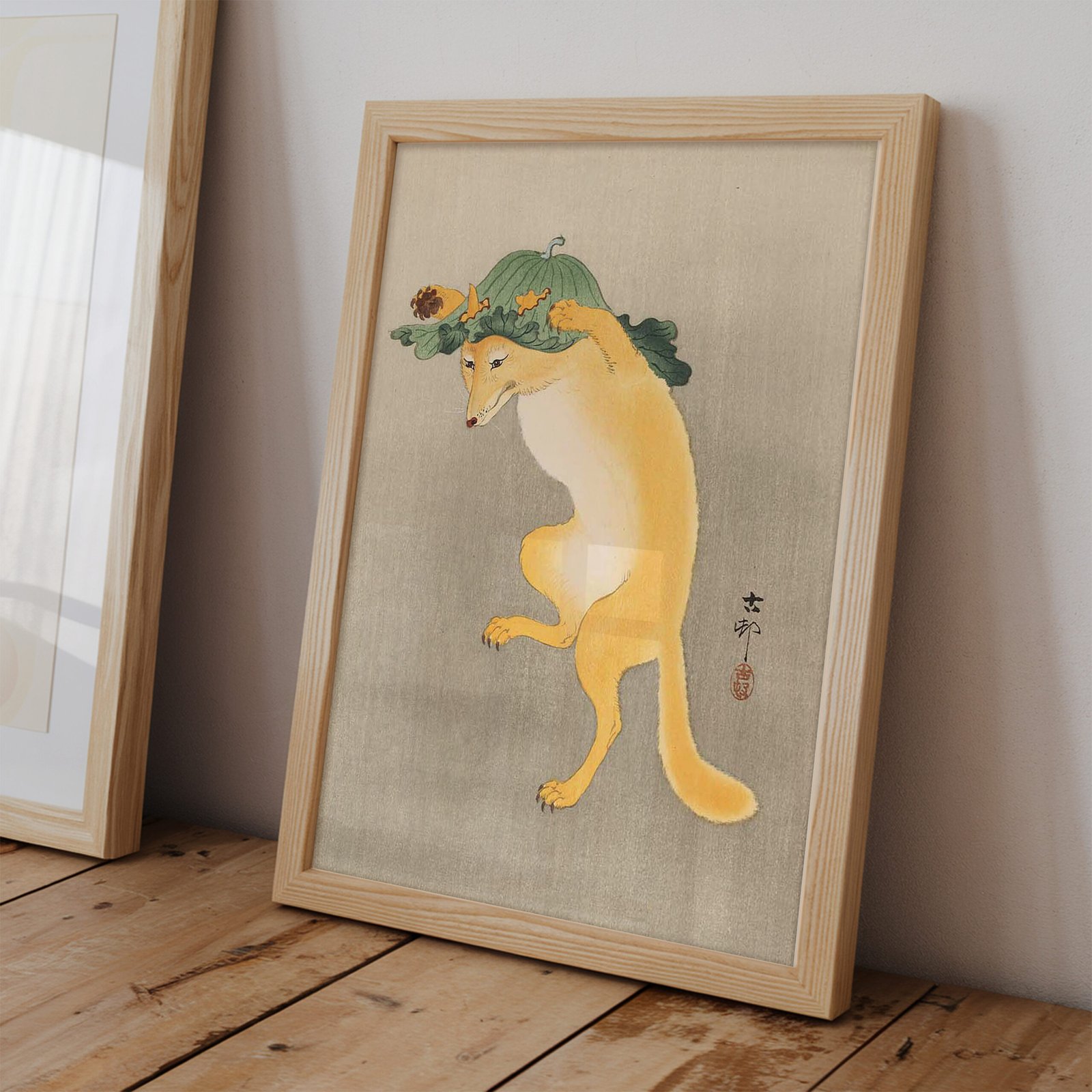 Dancing Fox with Fig Leaf Hat by Ohara Koson - Image 2