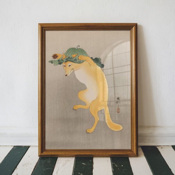 Dancing Fox with Fig Leaf Hat by Ohara Koson