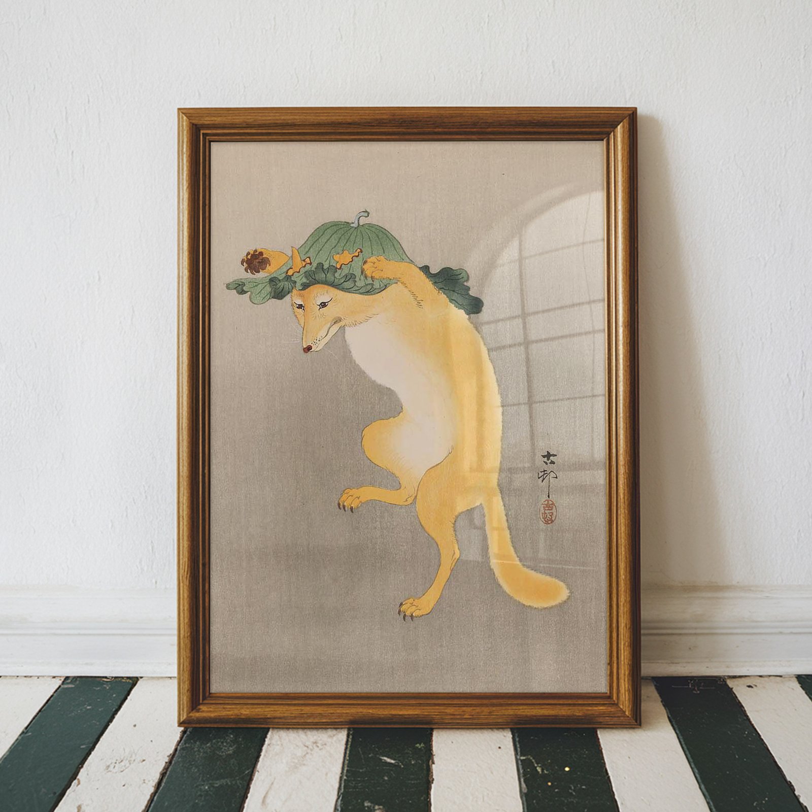 Dancing Fox with Fig Leaf Hat by Ohara Koson