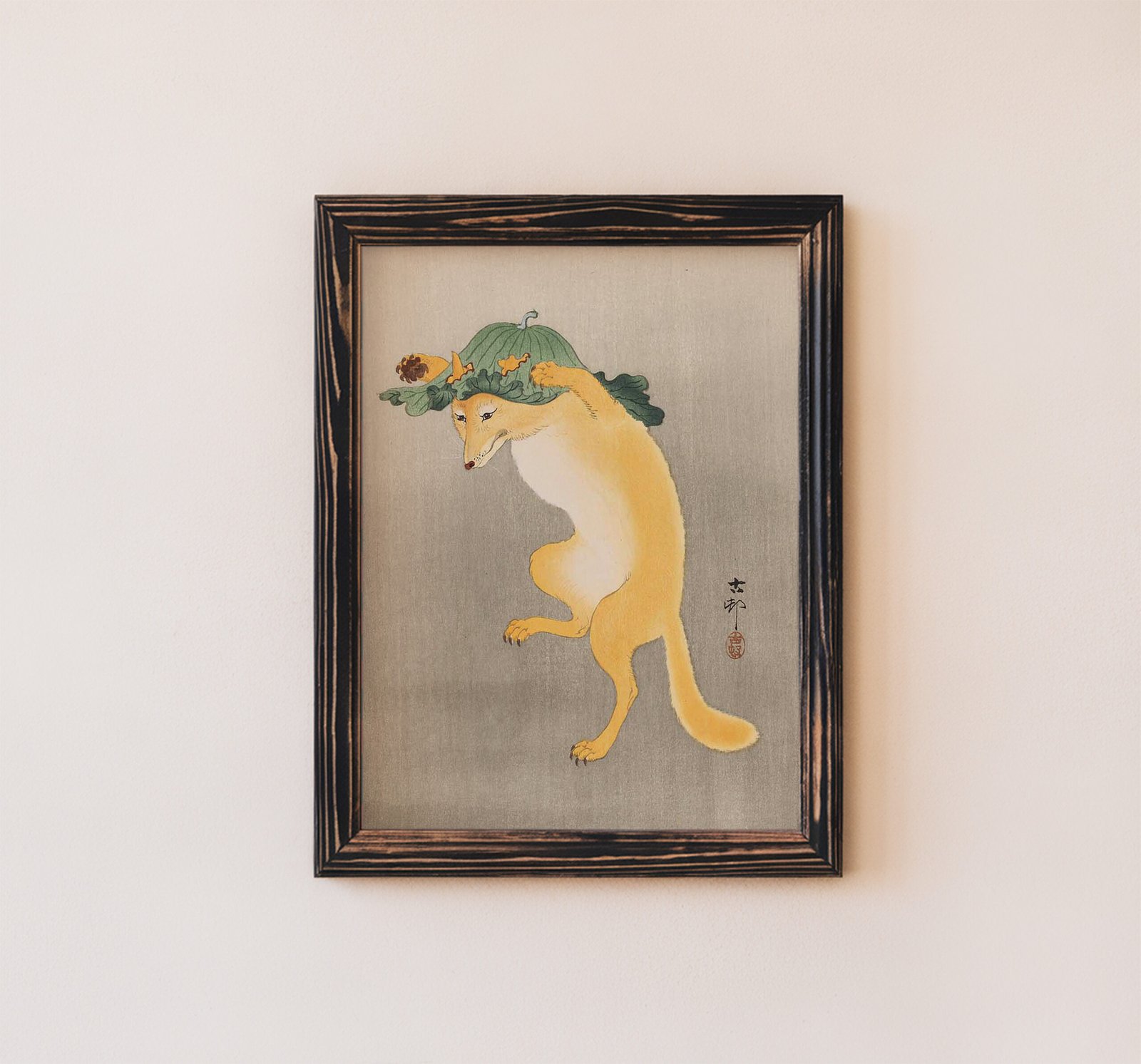 Dancing Fox with Fig Leaf Hat by Ohara Koson - Image 3