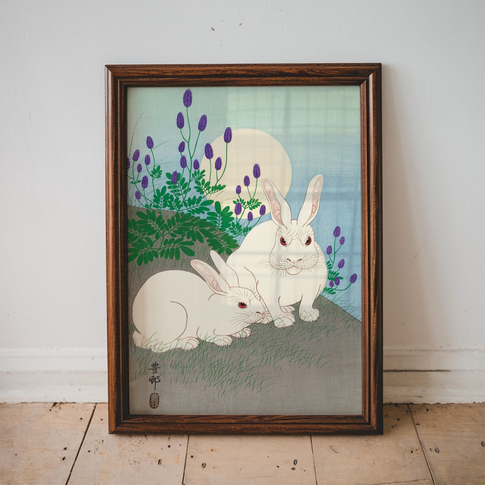 Two White Rabbits Under a Full Moon by Ohara Shōson