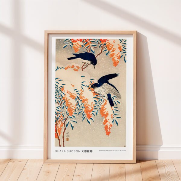 Nandina and Flycatchers in Snow by Ohara Shōson