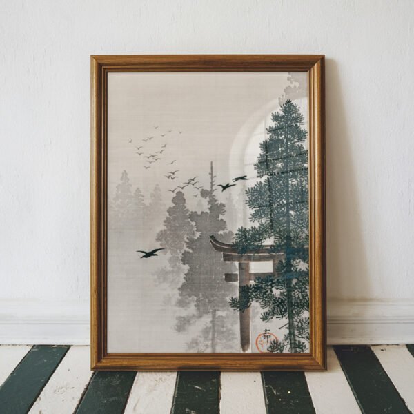 Flock of Birds and a Torii Gate by Ohara Koson
