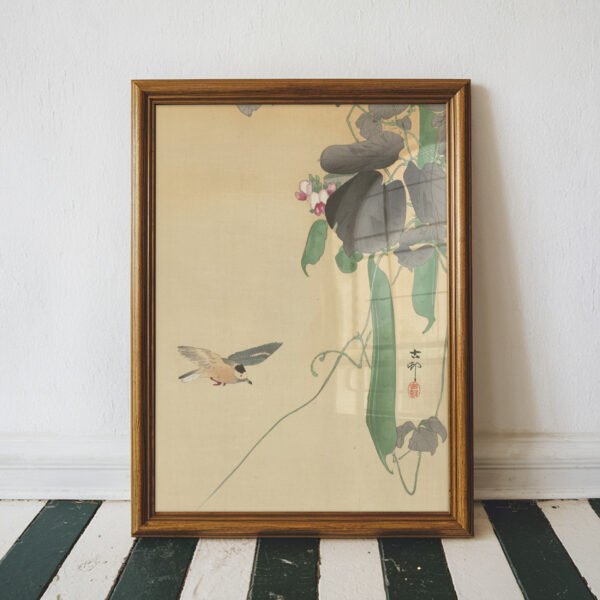 Bird at Flowering Bean Plant by Ohara Koson