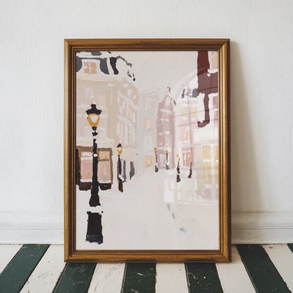 Snowy Streetlights – Pastel Winter City Wall Art