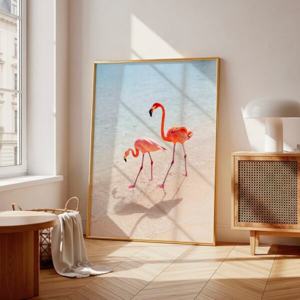 Two Flamingos By The Water