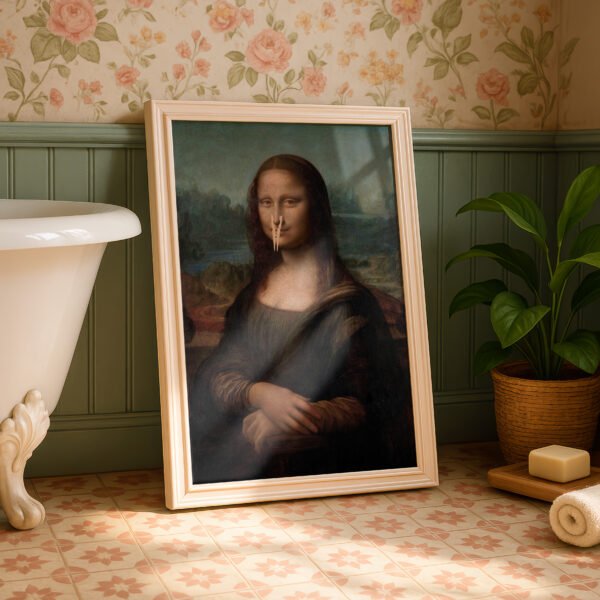 Funny Mona Lisa bathroom wall art featuring the famous Renaissance portrait holding a clothespin over her nose, perfect for humorous bathroom decor.