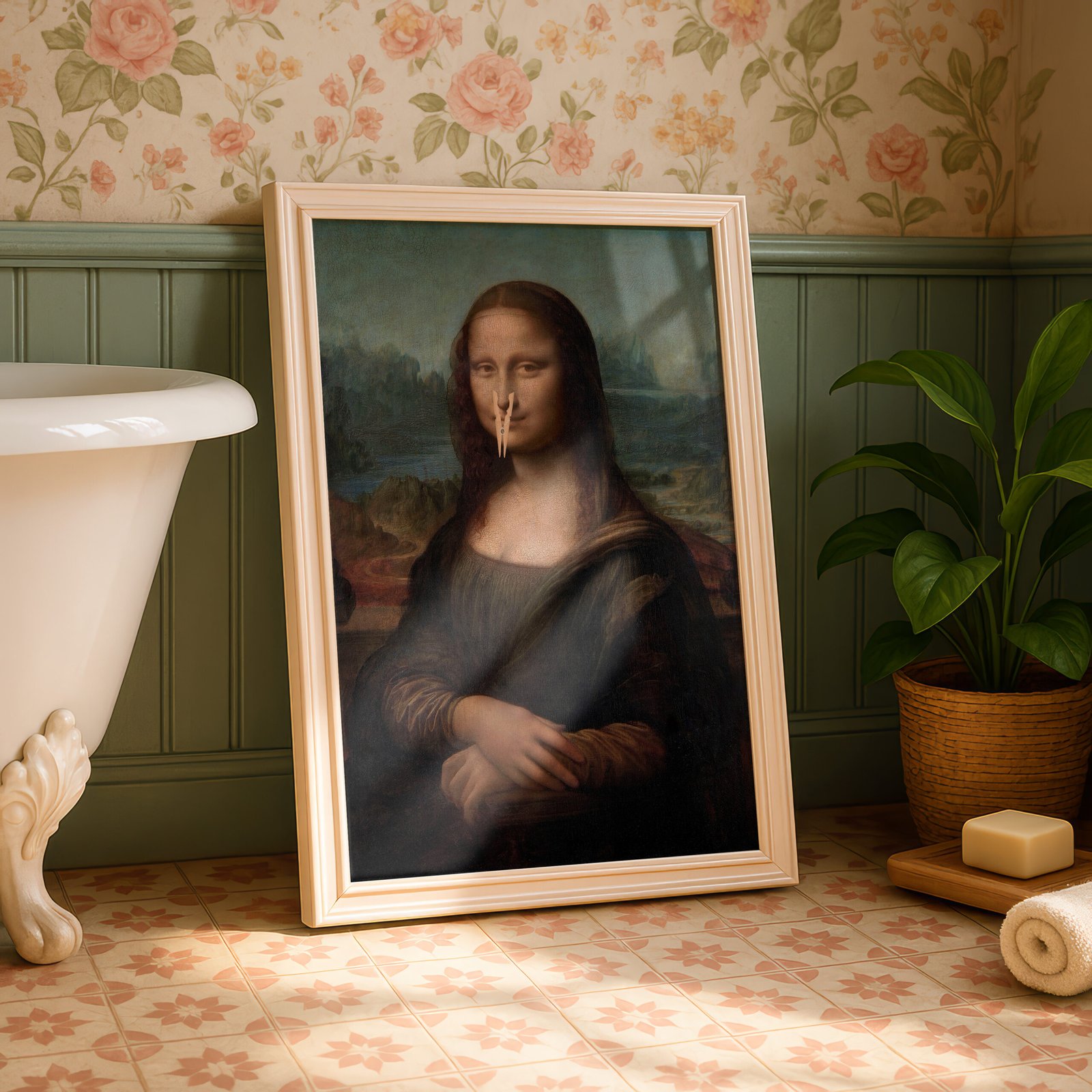 Funny Mona Lisa bathroom wall art featuring the famous Renaissance portrait holding a clothespin over her nose, perfect for humorous bathroom decor.