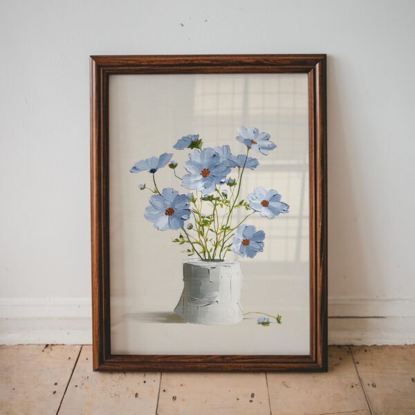 Minimalist floral artwork featuring delicate blue flowers arranged in a toilet paper roll, creating a whimsical and funny bathroom wall decor piece.