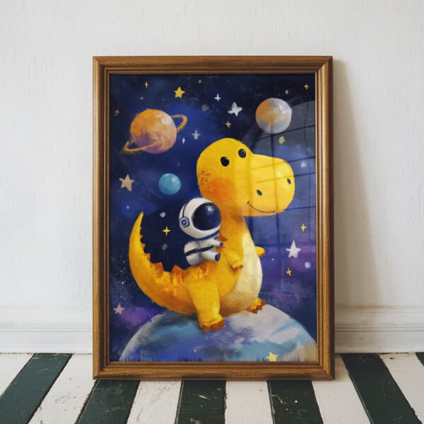 Cute yellow dinosaur carrying a tiny astronaut while sitting on a planet surrounded by stars and colorful planets in outer space