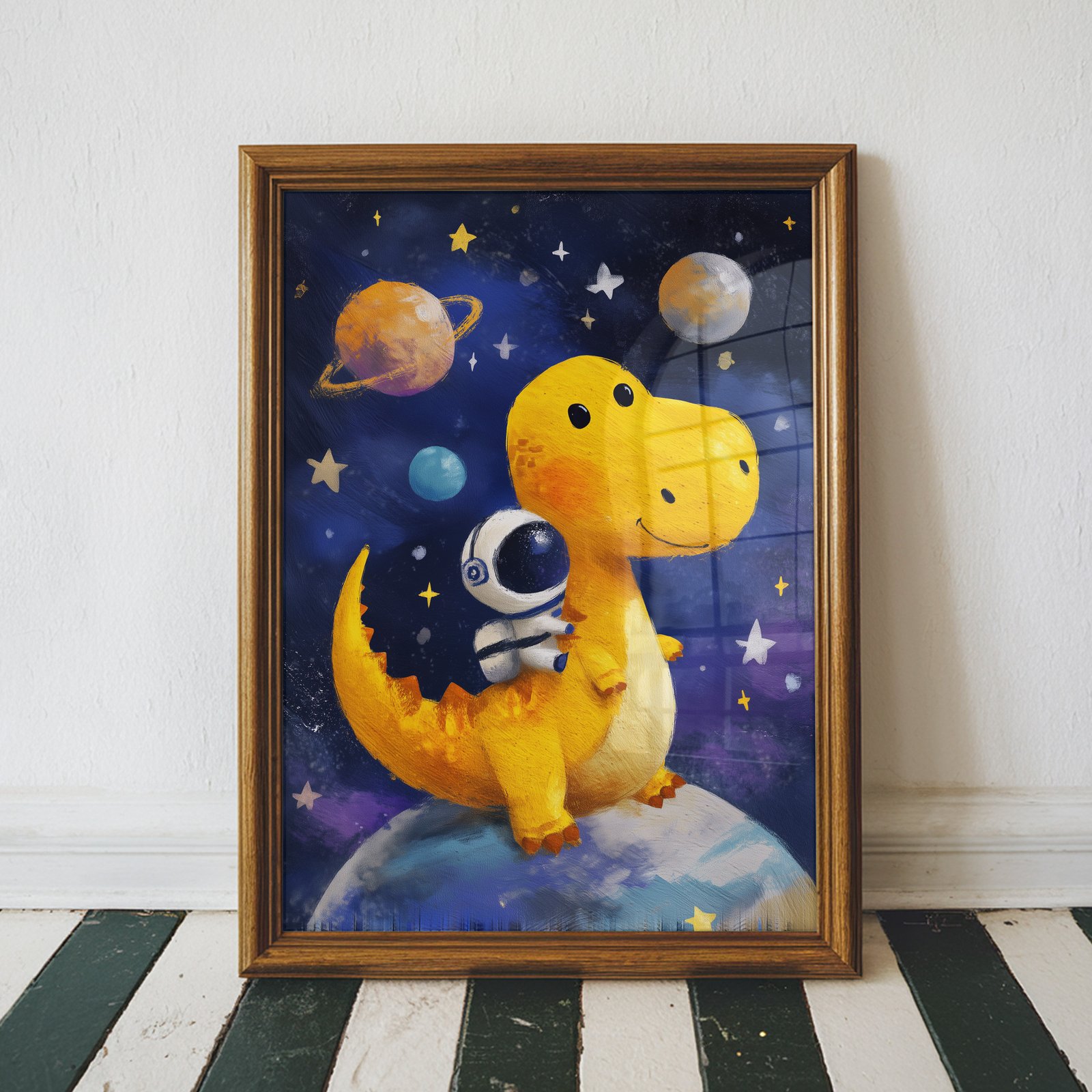 Cute yellow dinosaur carrying a tiny astronaut while sitting on a planet surrounded by stars and colorful planets in outer space