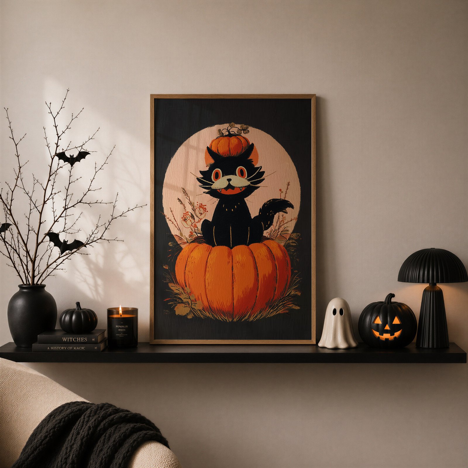 Retro-inspired black cat sitting on a pumpkin beneath a harvest moon in a nostalgic 90s Halloween illustration.Retro-inspired black cat sitting on a pumpkin beneath a harvest moon in a nostalgic 90s Halloween illustration.