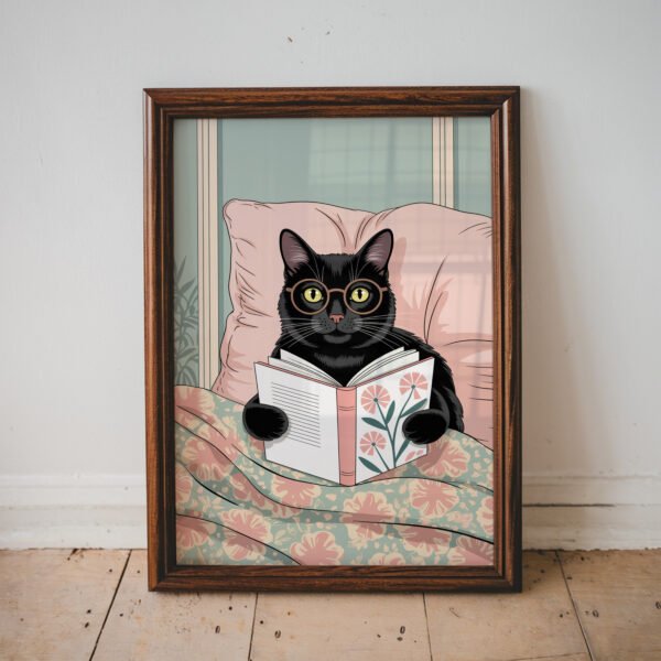 Cute black cat wearing round glasses while reading a floral-covered book in a cozy bed with soft pastel bedding.