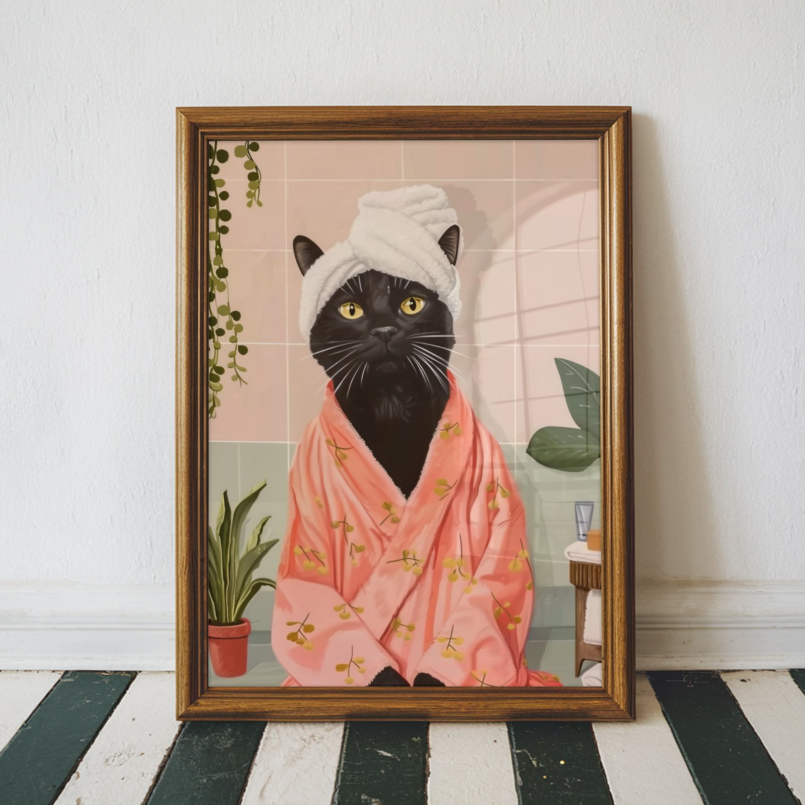 Whimsical black cat wearing a pink bathrobe and white towel turban in a cozy spa-inspired bathroom scene.