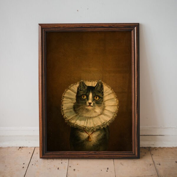 Vintage-style cat portrait inspired by The Widow by Frederick Dielman, featuring a cat wearing an elegant Elizabethan ruff against a rich brown background.