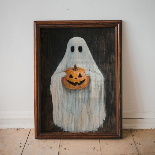 Vintage-inspired Halloween ghost holding a smiling jack-o'-lantern against a dark background, perfect for spooky season and classic Halloween home decor.