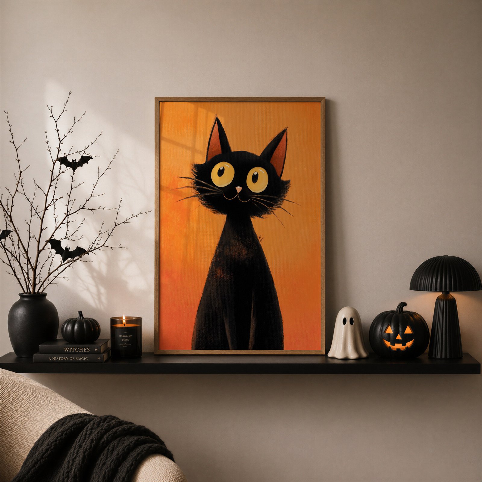 Whimsical black cat with oversized golden eyes on a pumpkin orange background, perfect for cute Halloween and spooky season decor.
