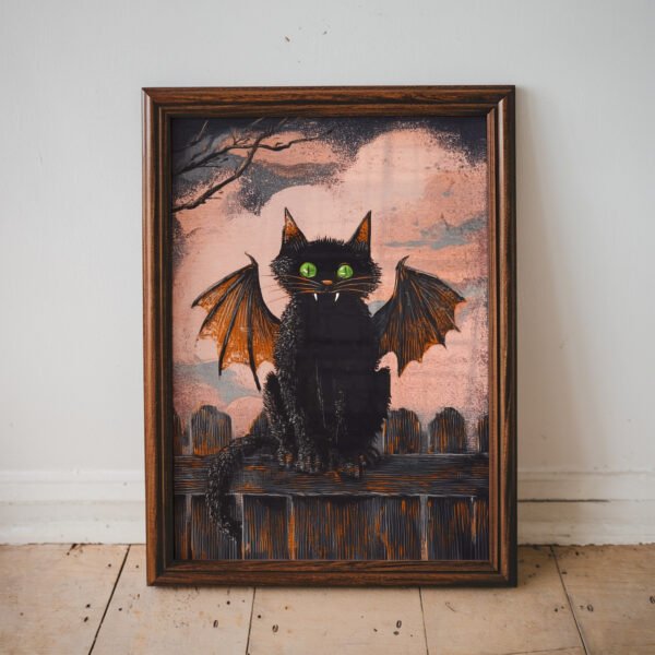 Retro-inspired vampire black cat with bat wings, glowing green eyes, and tiny fangs sitting beneath a harvest moon in a nostalgic Halloween illustration.