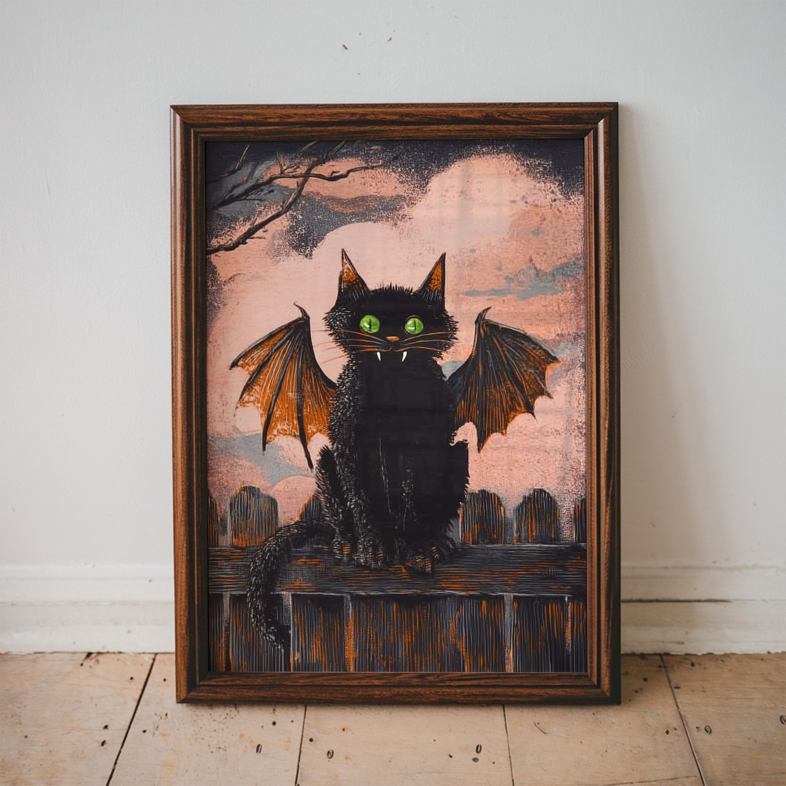 Retro-inspired vampire black cat with bat wings, glowing green eyes, and tiny fangs sitting beneath a harvest moon in a nostalgic Halloween illustration.